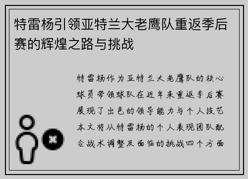 特雷杨引领亚特兰大老鹰队重返季后赛的辉煌之路与挑战